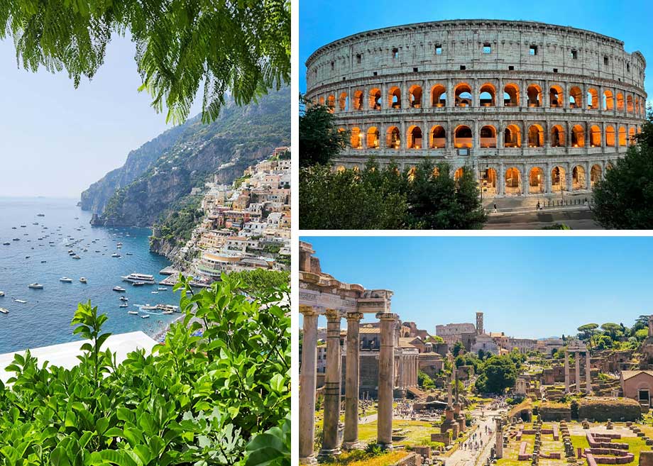 A triptych of Italian travel destinations. The top left shows the scenic Amalfi Coast with its vibrant buildings cascading down to the sea. The top right features a view of the ancient Colosseum in Rome under a bright sky. The bottom image depicts the sprawling ruins of the Roman Forum with its remaining columns and structures.