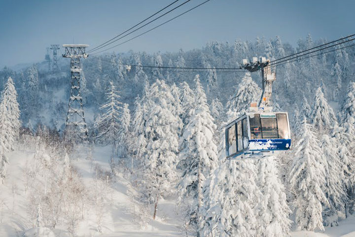 A gondola of the Asahidake Ropeway ascends through a snow-covered forest in Daisetsuzan National Park near Sapporo, Japan.