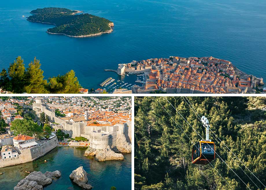 Triptych of Dubrovnik, Croatia, showcasing the Old Town Walls, Lokrum Island in the distance, and a cable car ascending with views.