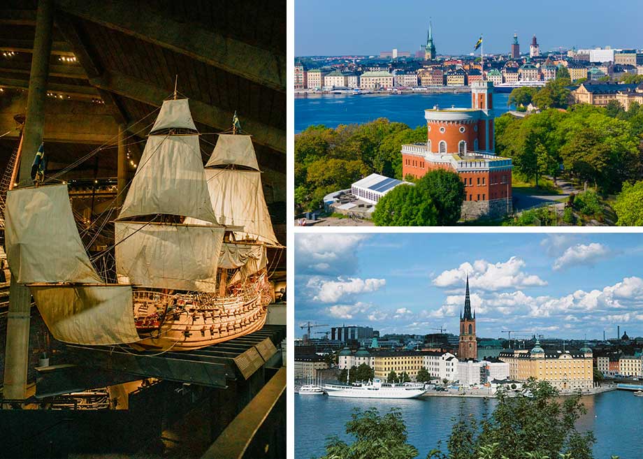 Triptych of Stockholm featuring a historic ship inside a museum and scenic views of Gamla Stan (Old Town). Stockholm, Sweden