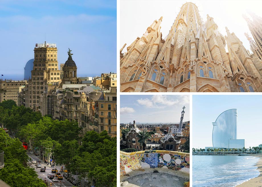 A four-part image montage of Barcelona. The top left shows a view of La Rambla. The top right features the Sagrada Familia. The bottom left shows Park Güell and the bottom right features W Barcelona Beach.