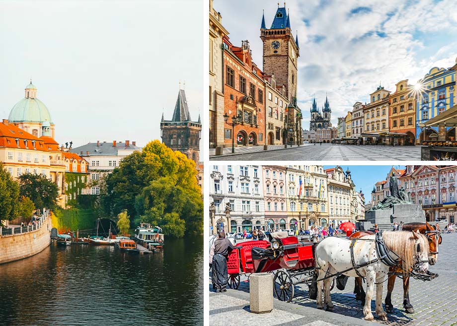 Collage of scenic views of Prague featuring Prague Castle, the Astronomical Clock tower in Old Town Square, and a horse-drawn carriage.