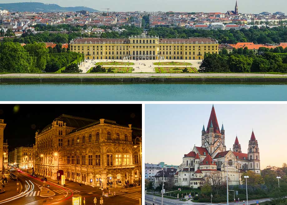 A triptych showcasing Schönbrunn Palace, the Vienna State Opera, and Assisi Church.
