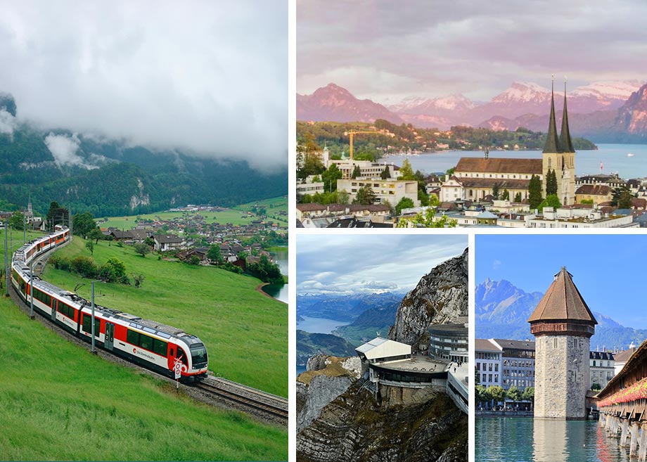 This image displays a train in the mountains of Switzerland, the town of Lucerne, the scenery of Mount Pilatus, and the Chapel Bridge.